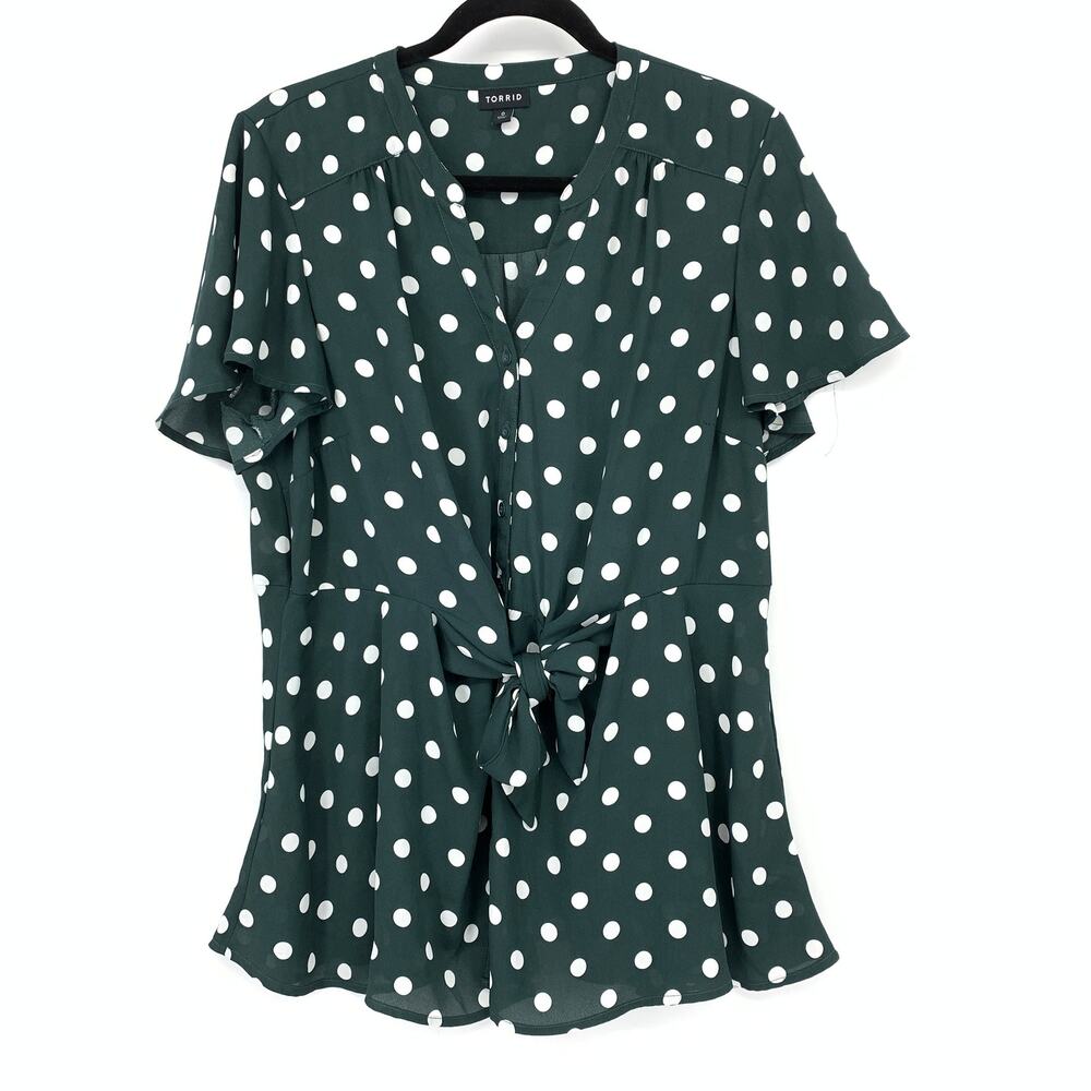 Torrid Tie Front Flutter Short Sleeve Blouse Womens Sz 0X Green White Polka Dot - Picture 1 of 6